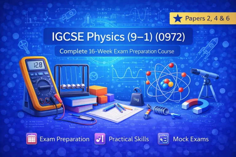 A student in Pakistan attending an online IGCSE tutoring session on a laptop with textbooks open