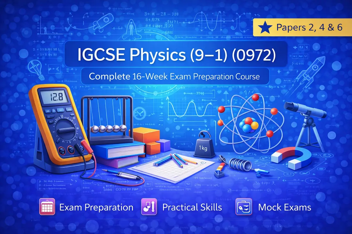 A student in Pakistan attending an online IGCSE tutoring session on a laptop with textbooks open